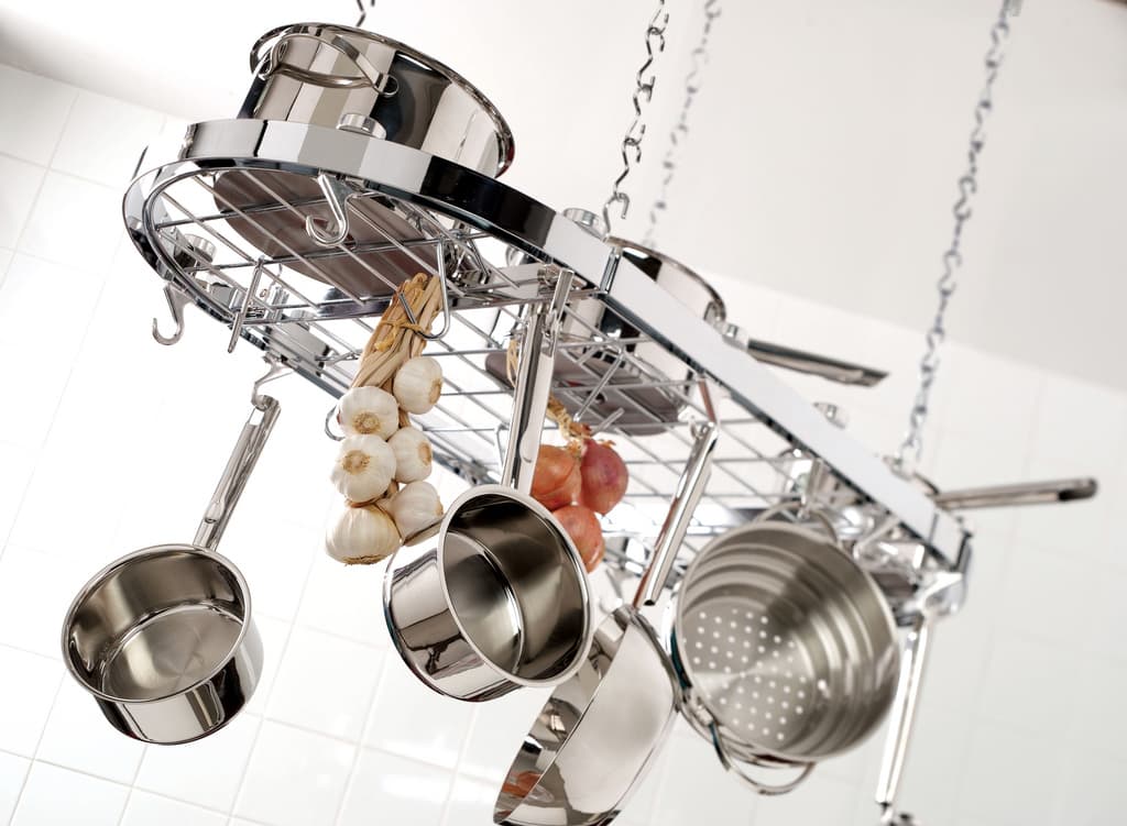 Stainless cookware in a working kitchen language